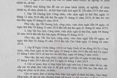 Lịch nghỉ Lễ, Tết năm 2019 đối với CB, CC, VC và người lao động của cơ quan hành chính, sự nghiệp, tổ chức chính trị, tổ chức chính trị – xã hội